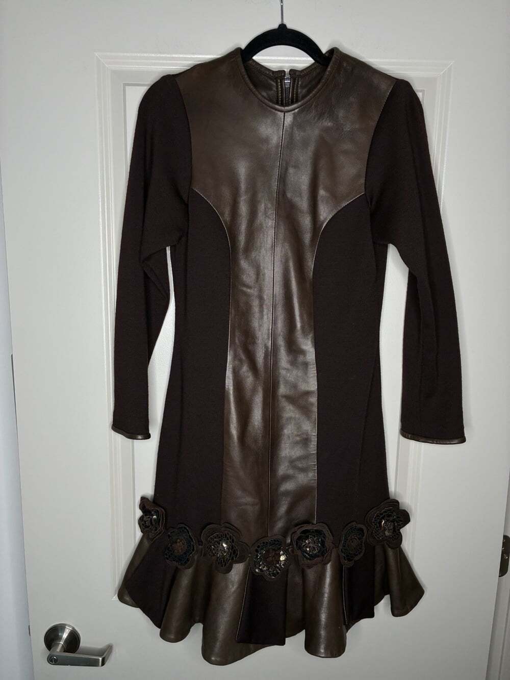 RARE VTG Grownbeans Karen Groner Leather Panel Mini Dress Brown 3D Flowers Small